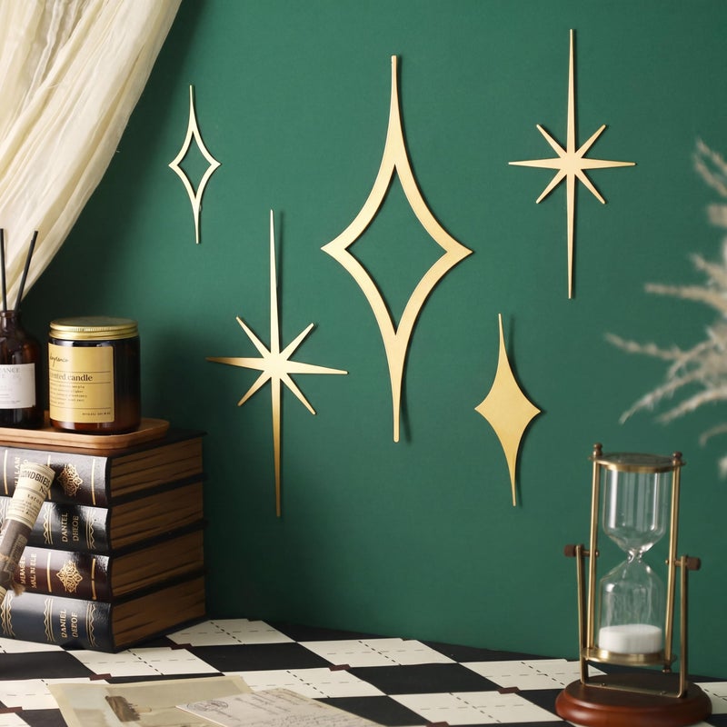 Yaocom 5 Pcs Gold Star Wall Decor Mid Century Modern Style Wall Decoration Metal Vintage Retro Art Decor Mcm Sculpture Elegance Accents Style Diamond Starbursts Hangings for Nursery Home Office Room - Image 2