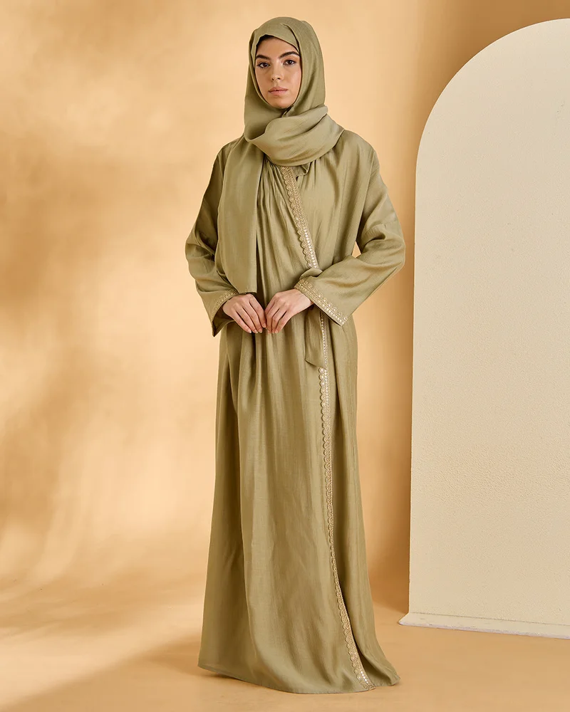 Redtag Women Green Side Tie Up Style Prayer Dress With Full Front Lace And Scarf