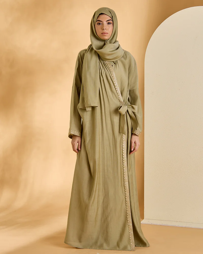 Redtag Women Green Side Tie Up Style Prayer Dress With Full Front Lace And Scarf