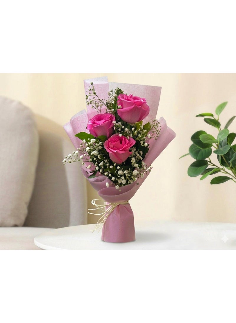 3 Pink Rose & Baby's Breath Charm
