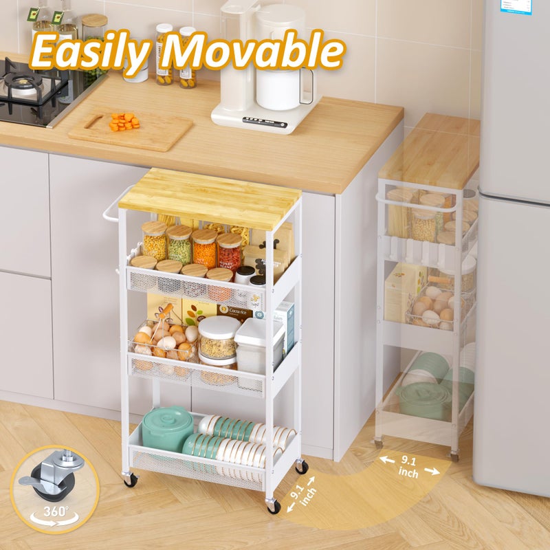 Vincona Slim Rolling Utility Cart, 4 Tier Metal Narrow Storage Cart with Handle and Wood Top, Multifunctional Small Mobile Shelf Unit Organizer Trolley for Laundry, Bathroom, Kitchen - Image 3