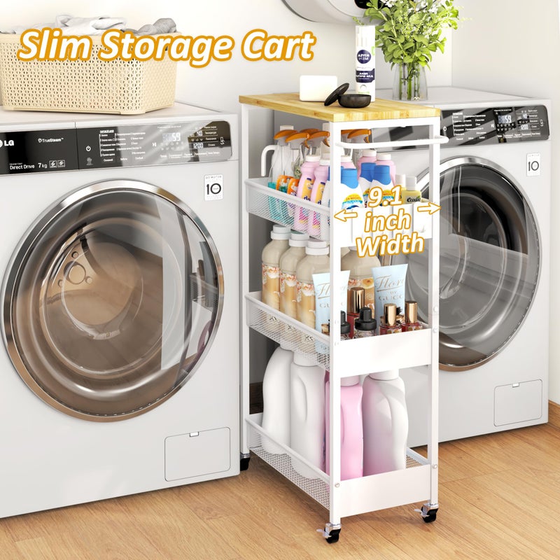 Vincona Slim Rolling Utility Cart, 4 Tier Metal Narrow Storage Cart with Handle and Wood Top, Multifunctional Small Mobile Shelf Unit Organizer Trolley for Laundry, Bathroom, Kitchen - Image 2