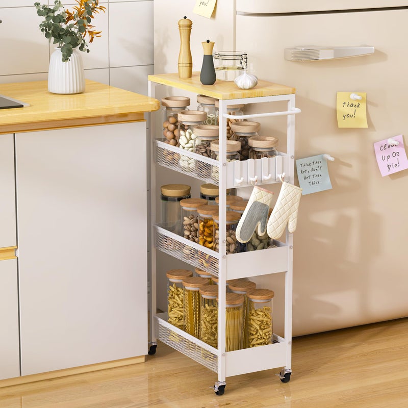 Vincona Slim Rolling Utility Cart, 4 Tier Metal Narrow Storage Cart with Handle and Wood Top, Multifunctional Small Mobile Shelf Unit Organizer Trolley for Laundry, Bathroom, Kitchen - Image 1