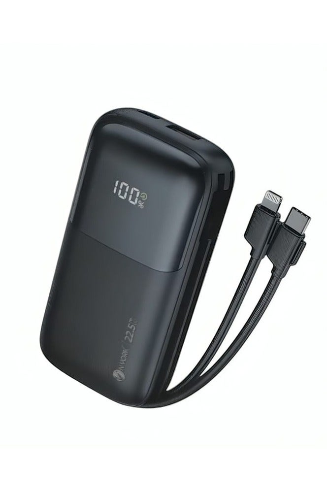NYORK 10000mAh Mini Power Bank with 2 Built-in Cables Supports 22.5W Fast Charging Black - Image 1