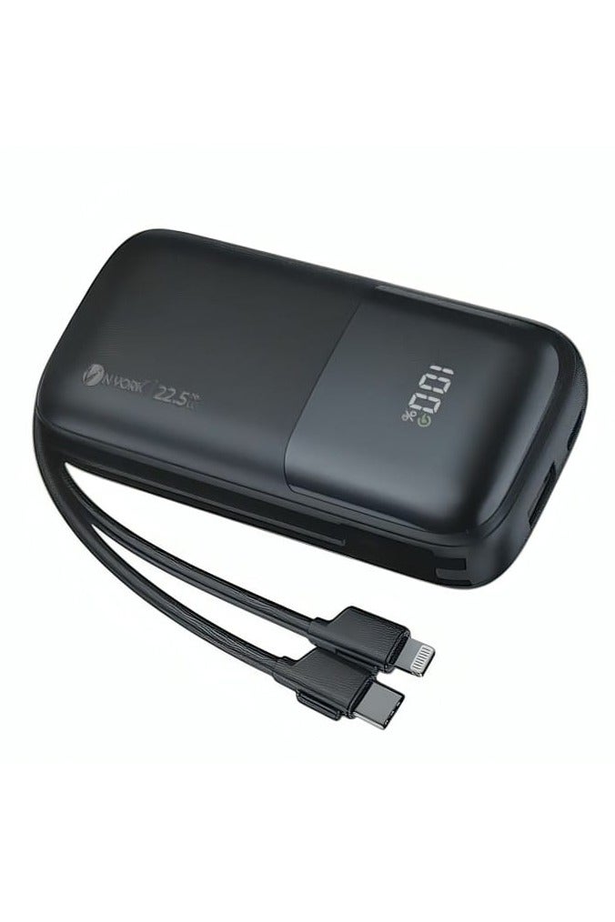 NYORK 10000mAh Mini Power Bank with 2 Built-in Cables Supports 22.5W Fast Charging Black - Image 2