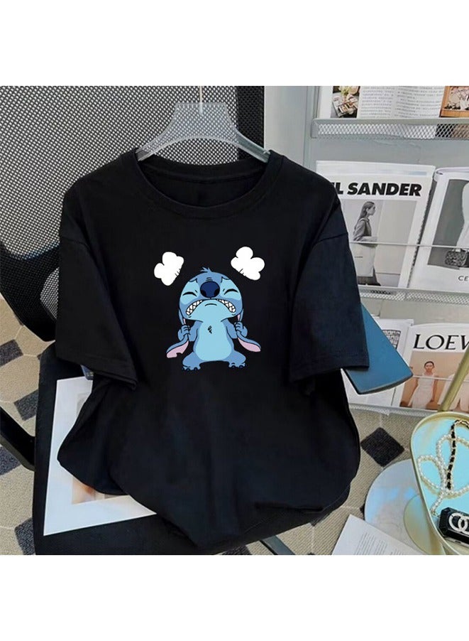 Summer pure cotton short sleeved Unisex T-shirt,210 gsm High Quality Oversized Heavy T-shirt for couple men and women Short Sleeve 100% pure cotton Digital printing T-shirt(Black/Stitch)  - Image 1