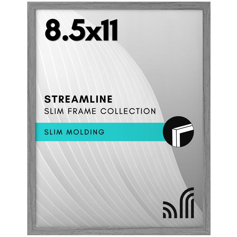 Americanflat 85x11 Picture Frame with ShatterResistant Glass  Streamline Collection  Thin Border Photo Frame for Tabletop and Wall Display  Hanging Hardware and Easel Stand Included  Grey