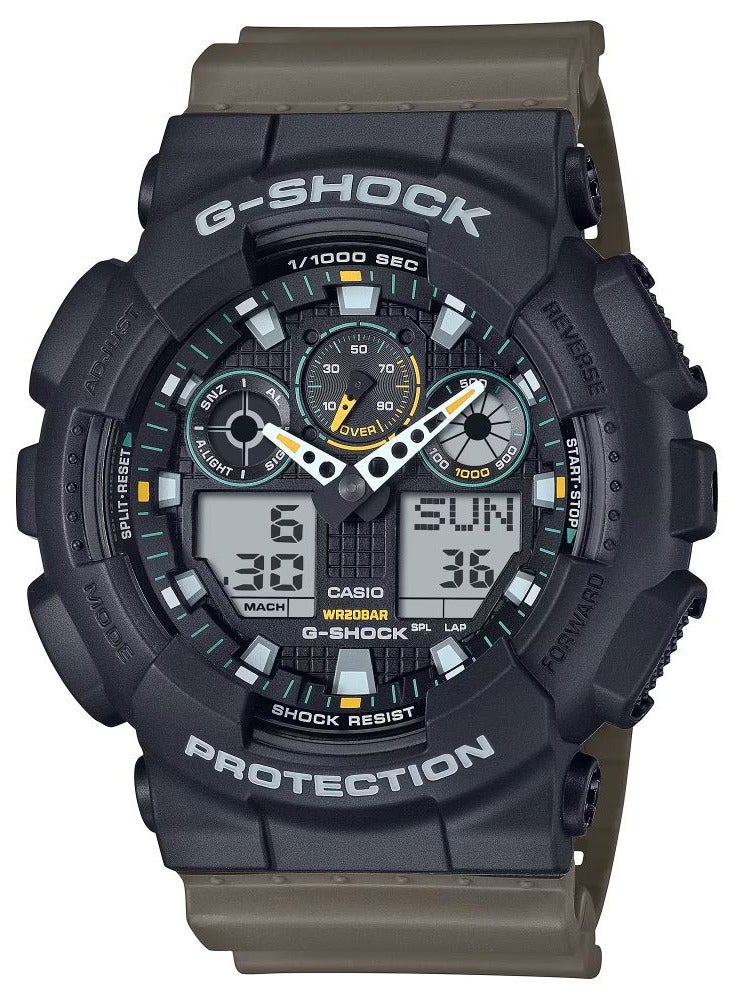 CASIO G-SHOCK ANALOG-DIGITAL CASUAL OLIVE GREEN RESIN BAND MEN'S WATCH GA-100TU-1A3DR - Image 1