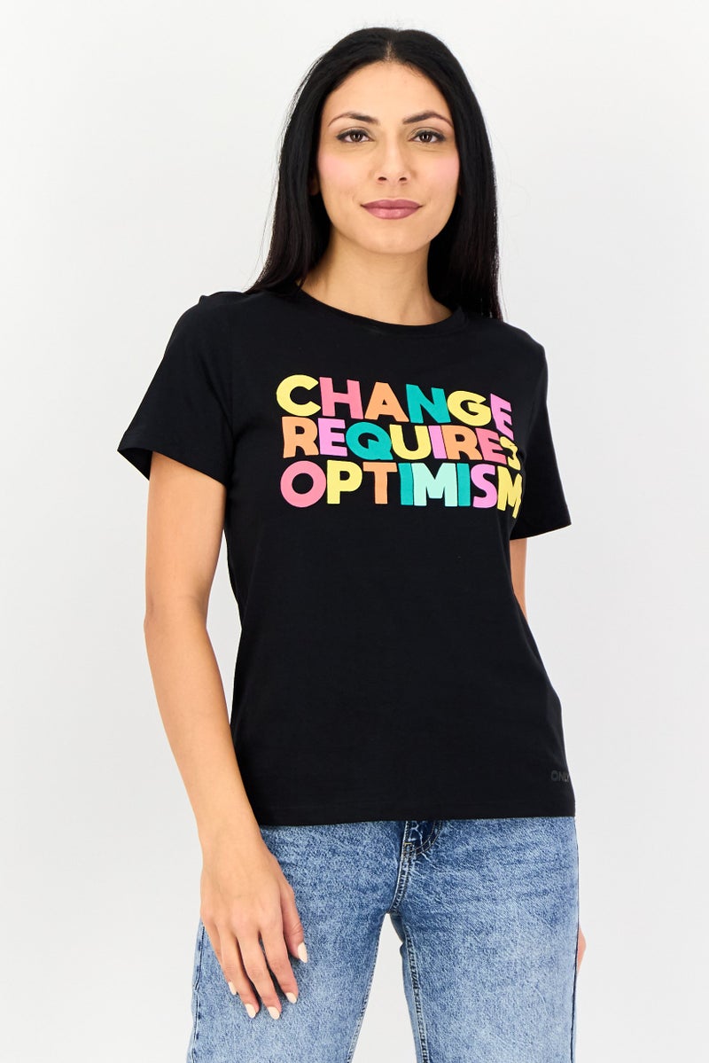 ONLY Women Crew Neck Short Sleeve Graphic Print T-Shirts, Black - Image 1