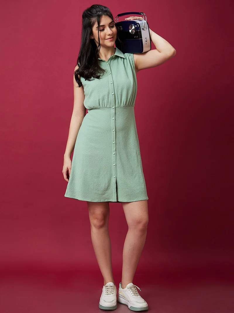 globus Women Shirt Collar Smocked Fit & Flare Dress