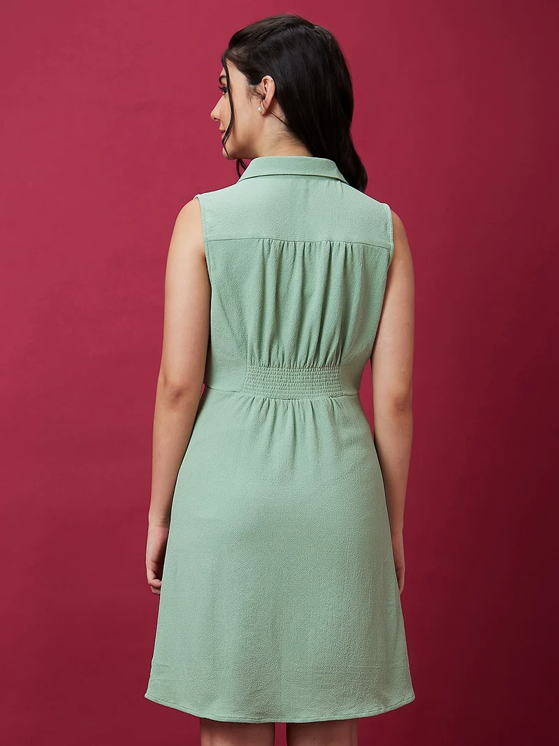globus Women Shirt Collar Smocked Fit & Flare Dress