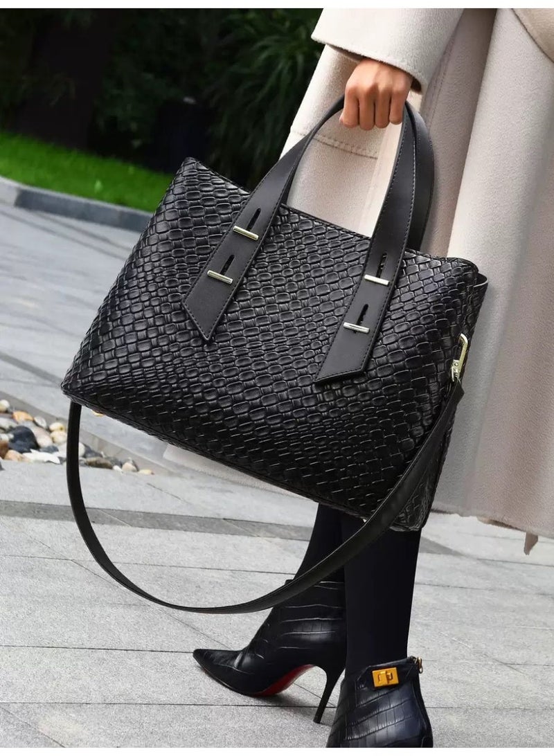 Women's Handbag Elegant Black Textured Leather for Stylish Shoulder & Tote Bag with Adjustable Strap - Image 1