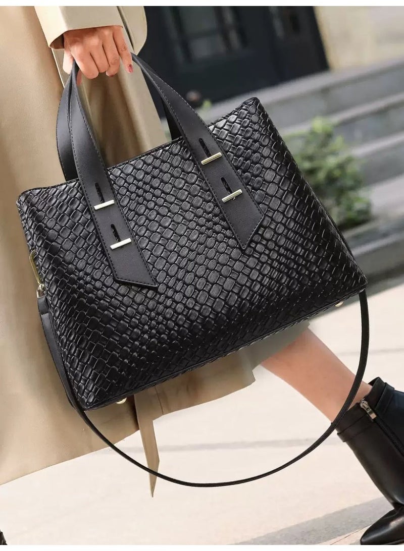 Women's Handbag Elegant Black Textured Leather for Stylish Shoulder & Tote Bag with Adjustable Strap - Image 2