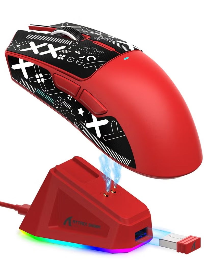 Attack Shark X11 Tri-mode Wireless Gaming Mouse - Magnetic Charging Dock, Lightweight Anti-Slip Design with Patterned Sticker, 22K DPI, PixArt PAW3311 Sensor - Red - Image 1