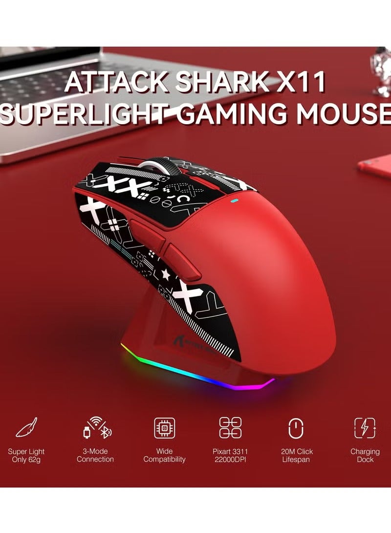 Attack Shark X11 Tri-mode Wireless Gaming Mouse - Magnetic Charging Dock, Lightweight Anti-Slip Design with Patterned Sticker, 22K DPI, PixArt PAW3311 Sensor - Red - Image 2