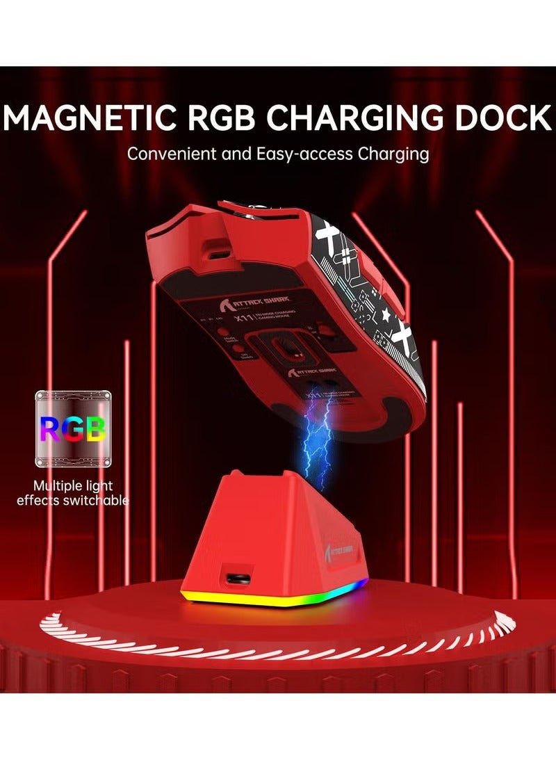 Attack Shark X11 Tri-mode Wireless Gaming Mouse - Magnetic Charging Dock, Lightweight Anti-Slip Design with Patterned Sticker, 22K DPI, PixArt PAW3311 Sensor - Red - Image 4