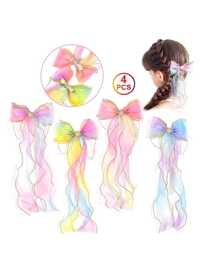4Pcs Colored Ribbon Hair Bows, Colorful Braided Bow with Clips Ribbons, Hair Bows Clips with Long for Girls Women Wedding Birthday Party (Gradient Color) - Image 1