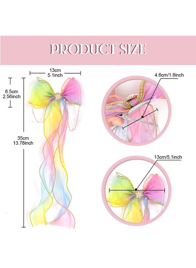 4Pcs Colored Ribbon Hair Bows, Colorful Braided Bow with Clips Ribbons, Hair Bows Clips with Long for Girls Women Wedding Birthday Party (Gradient Color) - Image 3