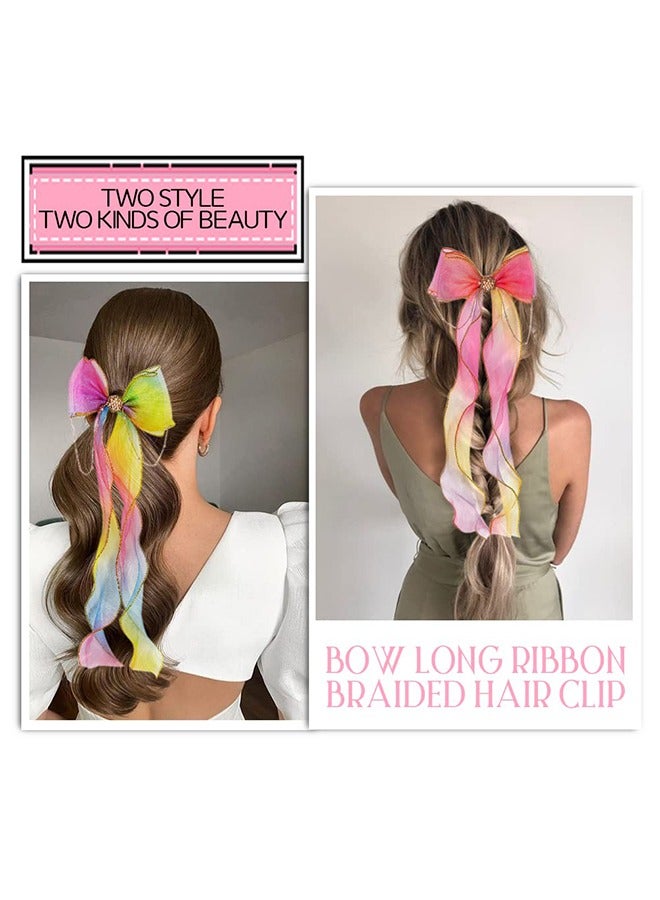 4Pcs Colored Ribbon Hair Bows, Colorful Braided Bow with Clips Ribbons, Hair Bows Clips with Long for Girls Women Wedding Birthday Party (Gradient Color) - Image 2