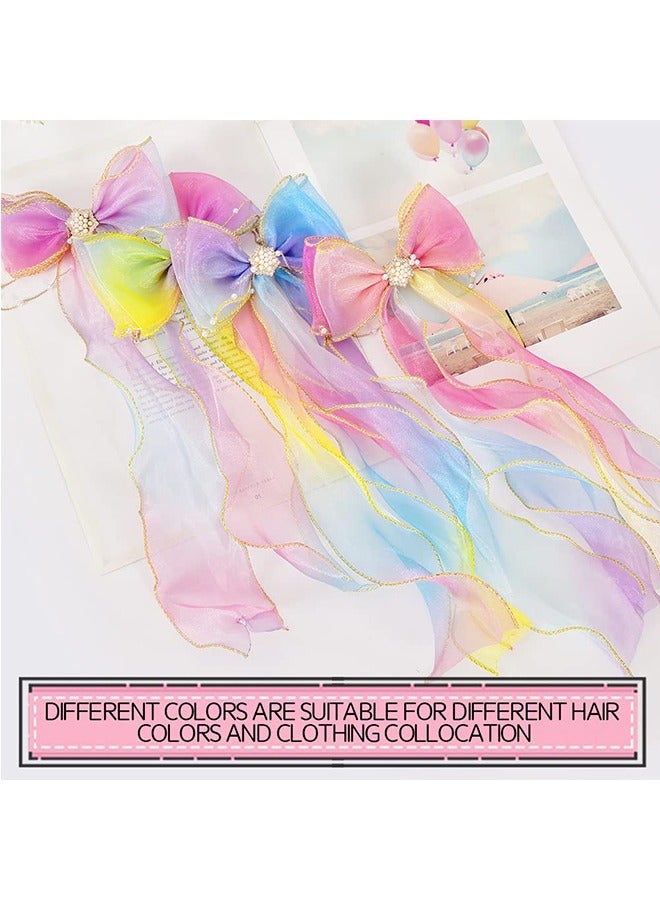 4Pcs Colored Ribbon Hair Bows, Colorful Braided Bow with Clips Ribbons, Hair Bows Clips with Long for Girls Women Wedding Birthday Party (Gradient Color) - Image 4