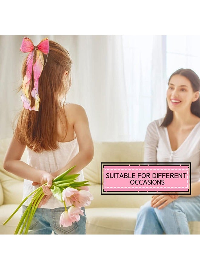 4Pcs Colored Ribbon Hair Bows, Colorful Braided Bow with Clips Ribbons, Hair Bows Clips with Long for Girls Women Wedding Birthday Party (Gradient Color) - Image 5