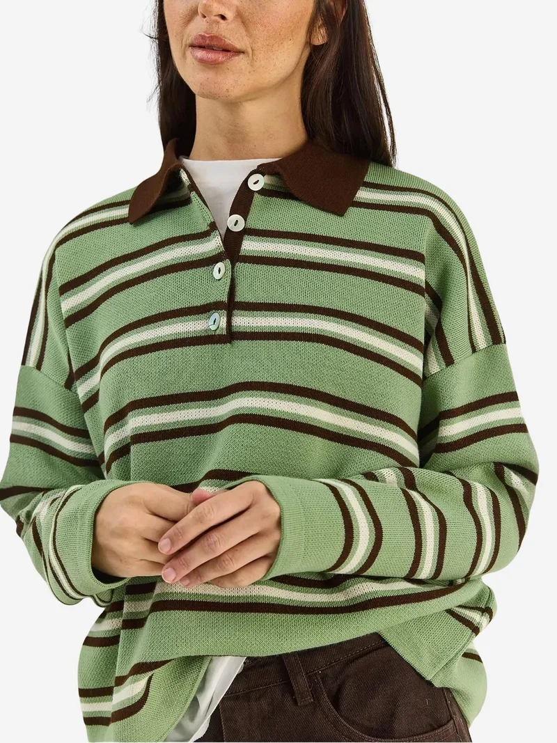 بيانكو لوتشي LUCCI Striped Polo Collar Button Sweater