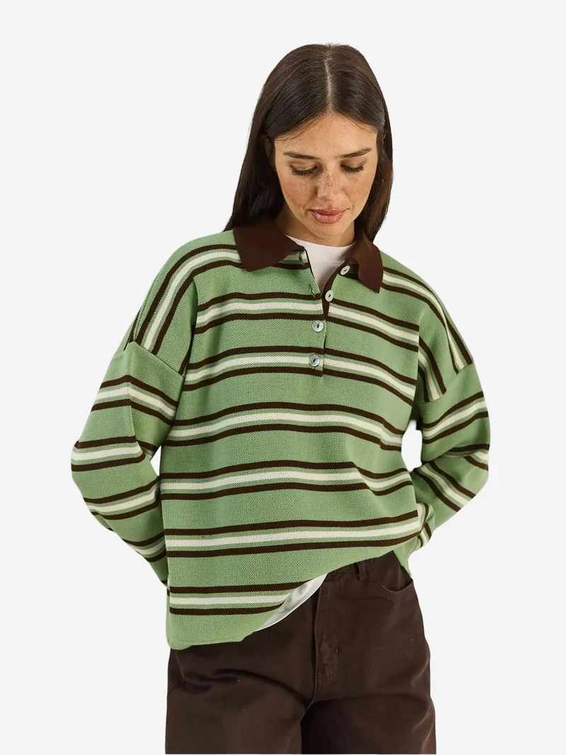بيانكو لوتشي LUCCI Striped Polo Collar Button Sweater
