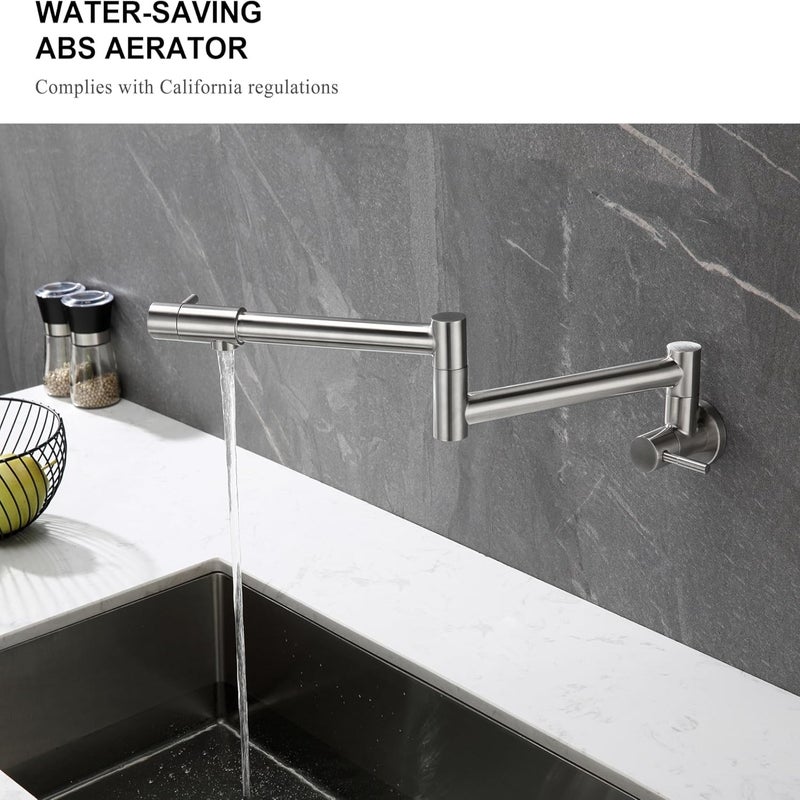 LexaFill Wall-Mounted Sink Faucet - Polished Nickel Stainless Steel, Double-Articulating Swing Arms, Pot Filling Bridge - Image 3