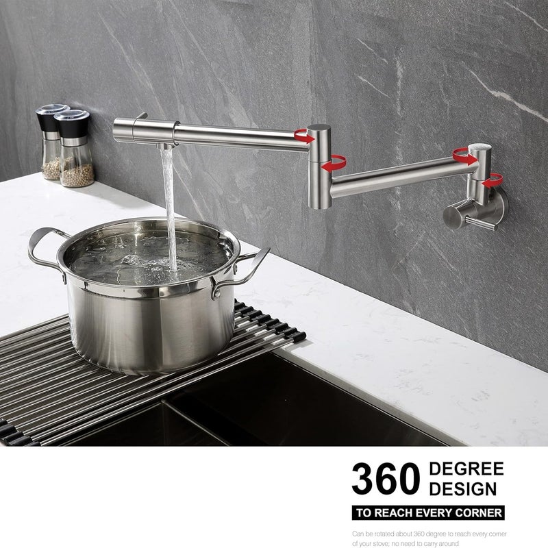 LexaFill Wall-Mounted Sink Faucet - Polished Nickel Stainless Steel, Double-Articulating Swing Arms, Pot Filling Bridge - Image 4