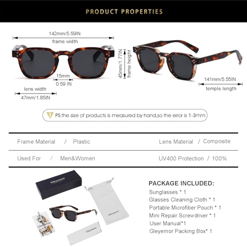 Gleyemor Fashion Square Sunglasses for Men Women Trendy Retro Sunglasses UV400 Protection Shades (Tortoise Frame/Grey Lens) - Image 5