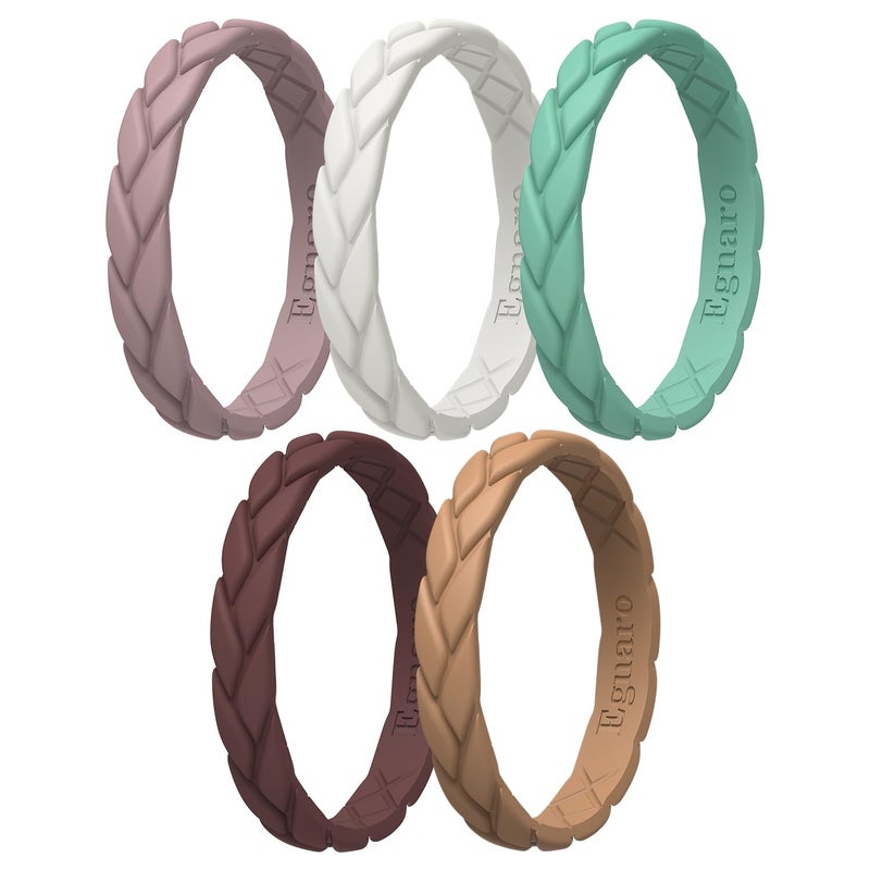 Egnaro Women's Silicone Stackable Rings 3.5mm Wide 2mm Thick, Rubber Flexible Hypoallergenic Wedding Bands For Workout Leaf Braided Fashion - Image 1