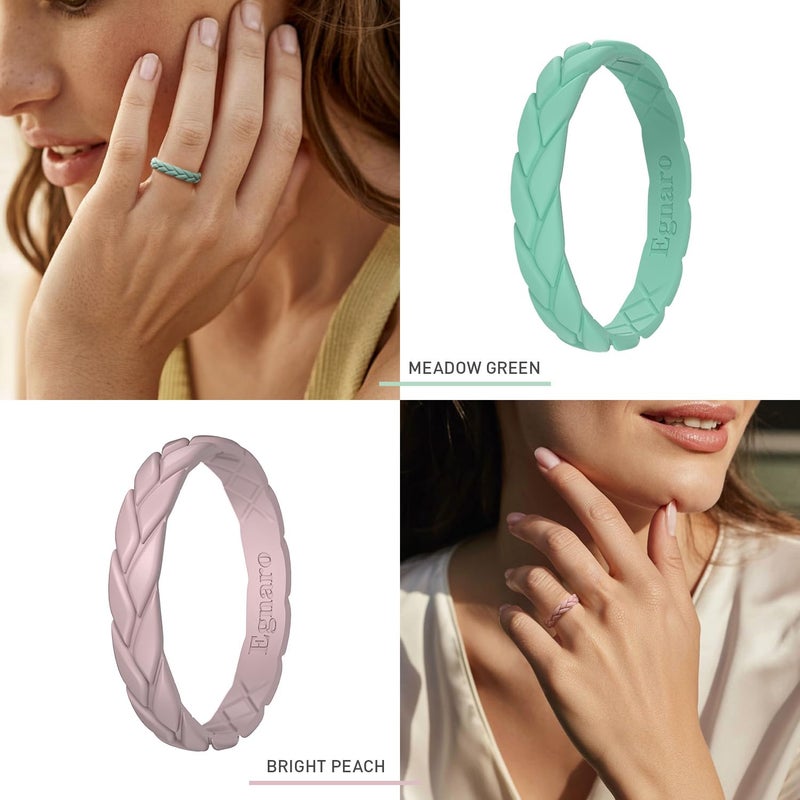 Egnaro Women's Silicone Stackable Rings 3.5mm Wide 2mm Thick, Rubber Flexible Hypoallergenic Wedding Bands For Workout Leaf Braided Fashion - Image 3
