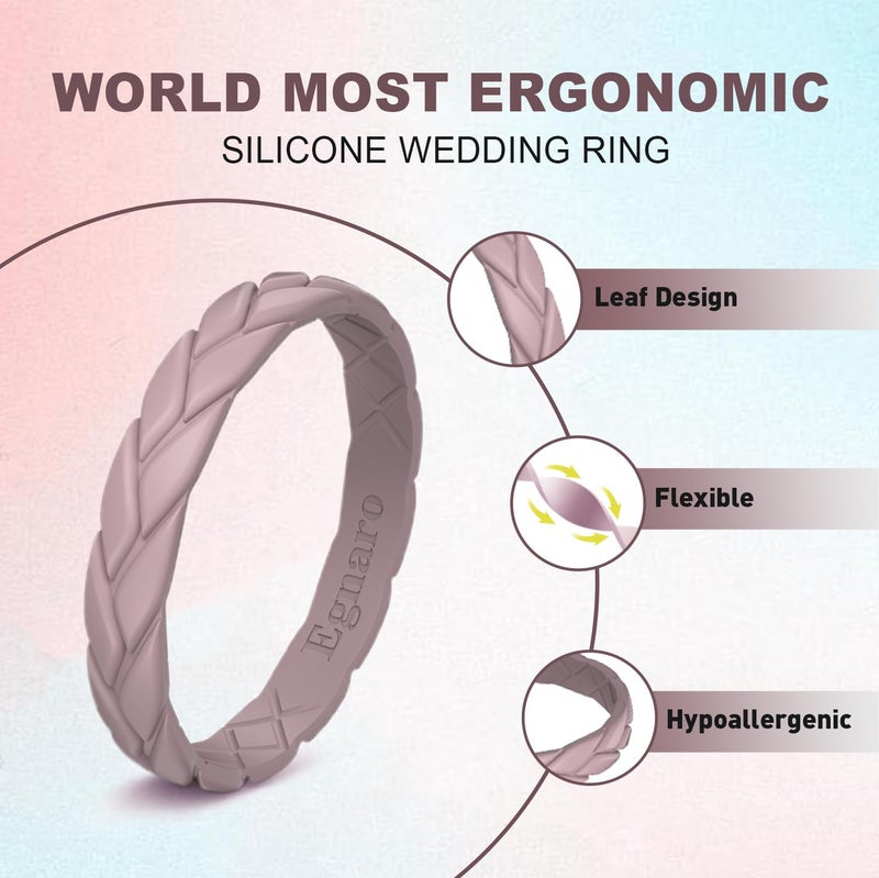Egnaro Women's Silicone Stackable Rings 3.5mm Wide 2mm Thick, Rubber Flexible Hypoallergenic Wedding Bands For Workout Leaf Braided Fashion - Image 2