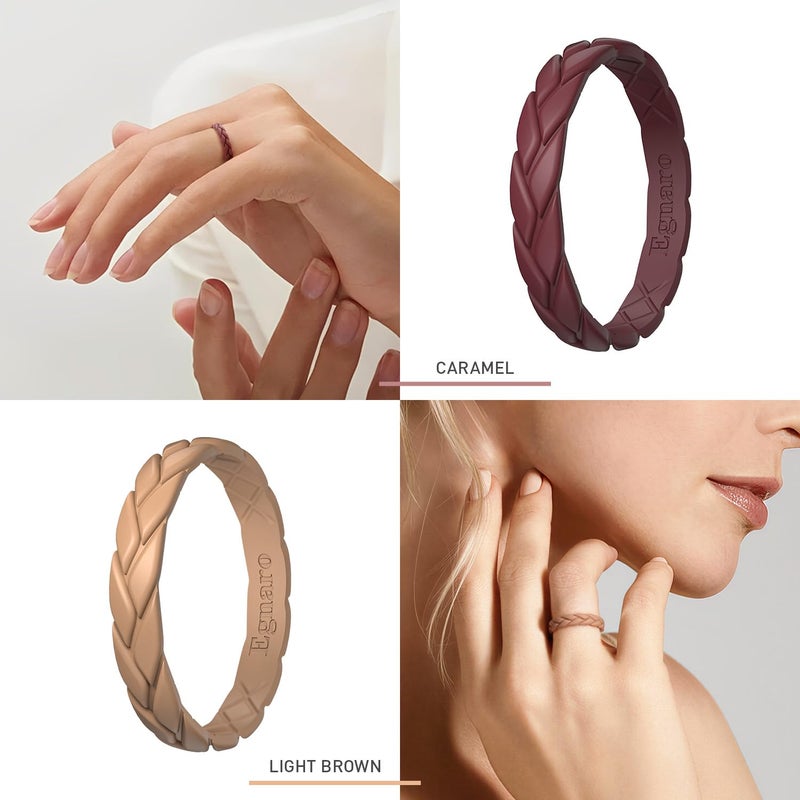 Egnaro Women's Silicone Stackable Rings 3.5mm Wide 2mm Thick, Rubber Flexible Hypoallergenic Wedding Bands For Workout Leaf Braided Fashion - Image 4