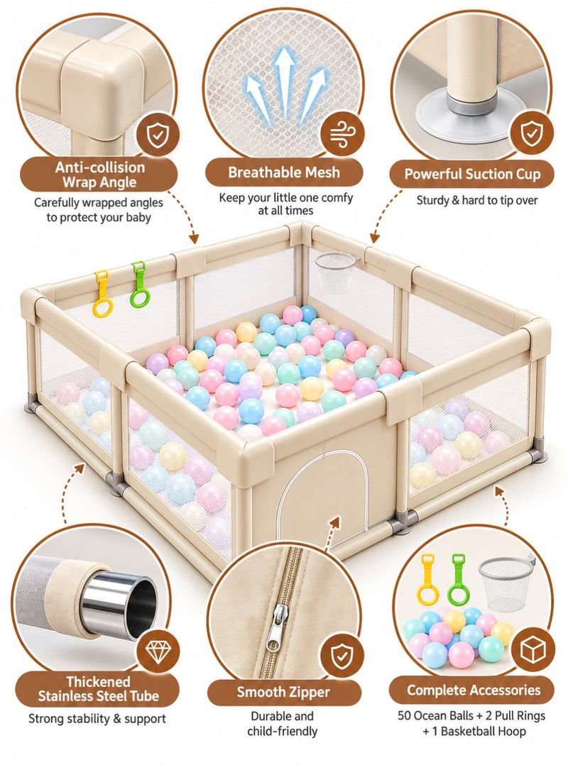 Bannuti Baby Playpen Kids Activity Center With 50 Ocean Balls Basketball Hoop And 2 Hanging Toys Safe Indoor Outdoor Play Yard For Babies And Toddlers - Image 2