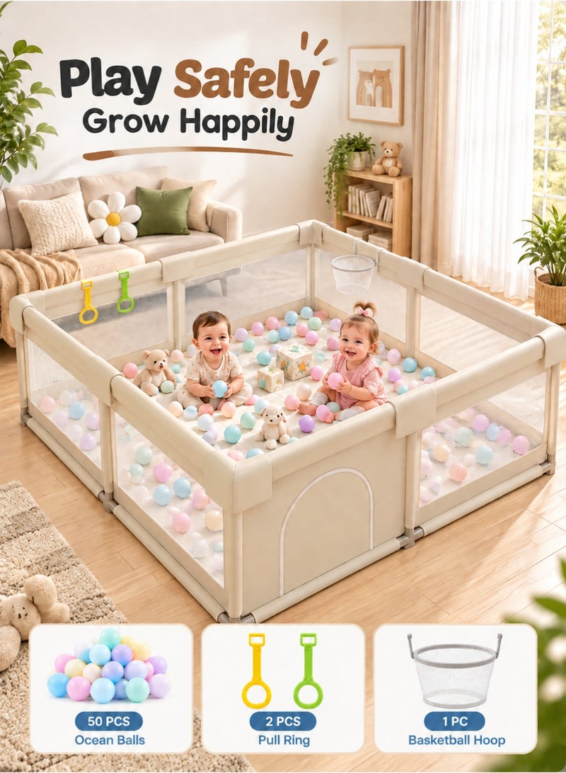 Bannuti Baby Playpen Kids Activity Center With 50 Ocean Balls Basketball Hoop And 2 Hanging Toys Safe Indoor Outdoor Play Yard For Babies And Toddlers - Image 1