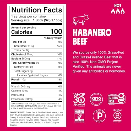 Chomps Grass-Fed and Finished Spicy Habanero Beef Jerky Snack Sticks 24-Pack - Keto, Paleo, Whole30, 10g Lean Meat Protein, Gluten-Free, Zero Sugar Food, Non-GMO - Image 2