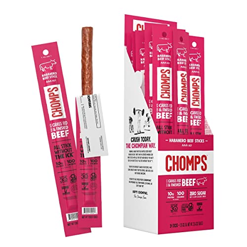 Chomps Grass-Fed and Finished Spicy Habanero Beef Jerky Snack Sticks 24-Pack - Keto, Paleo, Whole30, 10g Lean Meat Protein, Gluten-Free, Zero Sugar Food, Non-GMO - Image 1