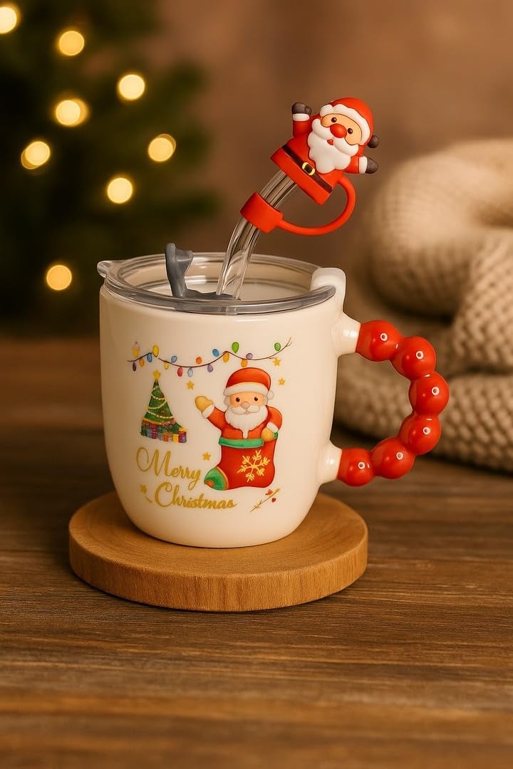 CORALTREE CORAL TREE Festive “Merry Christmas” Santa Mug with Straw & Lid Set | Merry Christmas Gift Cup for Coffee Green Tea, Home & Office Use - Image 3