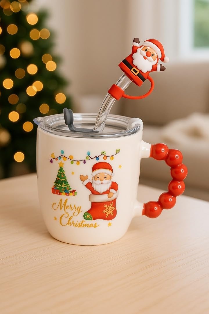 CORALTREE CORAL TREE Festive “Merry Christmas” Santa Mug with Straw & Lid Set | Merry Christmas Gift Cup for Coffee Green Tea, Home & Office Use - Image 2