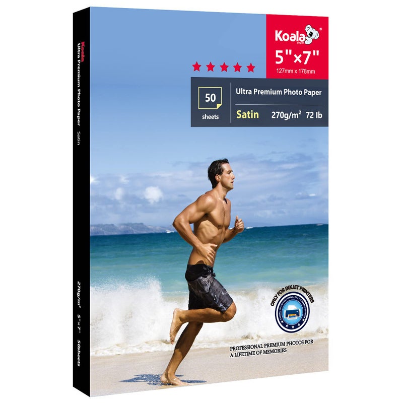 KOALA PAPER ورق صور كوالا فائق الجودة 5x7 بوصة ورق طباعة صور ساتان لطابعات الحبر مقاوم للماء نصف لامع 50 ورقة 72 رطل - Image 1