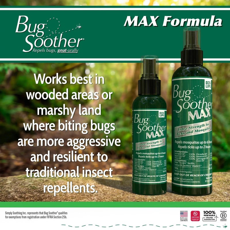 Bug Soother MAX - Extra Strength Natural Gnat, Tick, and Mosquito Repellent, 3 Pack 4 fl oz w/Free 1 oz. Bug Spray Deterrent - DEET Free - Safe for Adults & Environment - Made in USA - Image 2