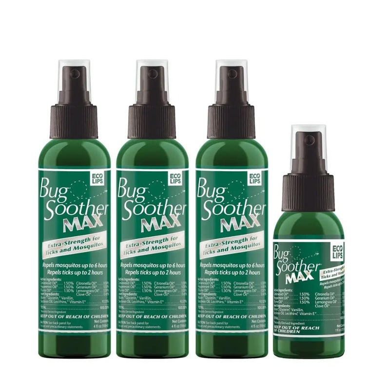 Bug Soother MAX - Extra Strength Natural Gnat, Tick, and Mosquito Repellent, 3 Pack 4 fl oz w/Free 1 oz. Bug Spray Deterrent - DEET Free - Safe for Adults & Environment - Made in USA - Image 1