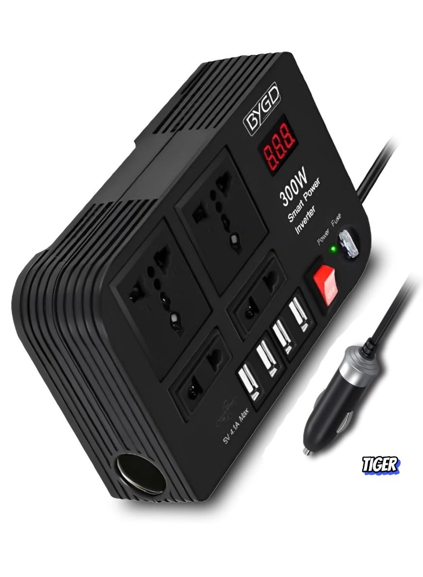 TIGER 300W Car Power Inverter – DC 12V to 220V AC Converter with LED Display, 4 USB Ports, 4 Charger Outlets, Pure Sine Wave – Portable Car Charger for Cars, RVs, and Travel