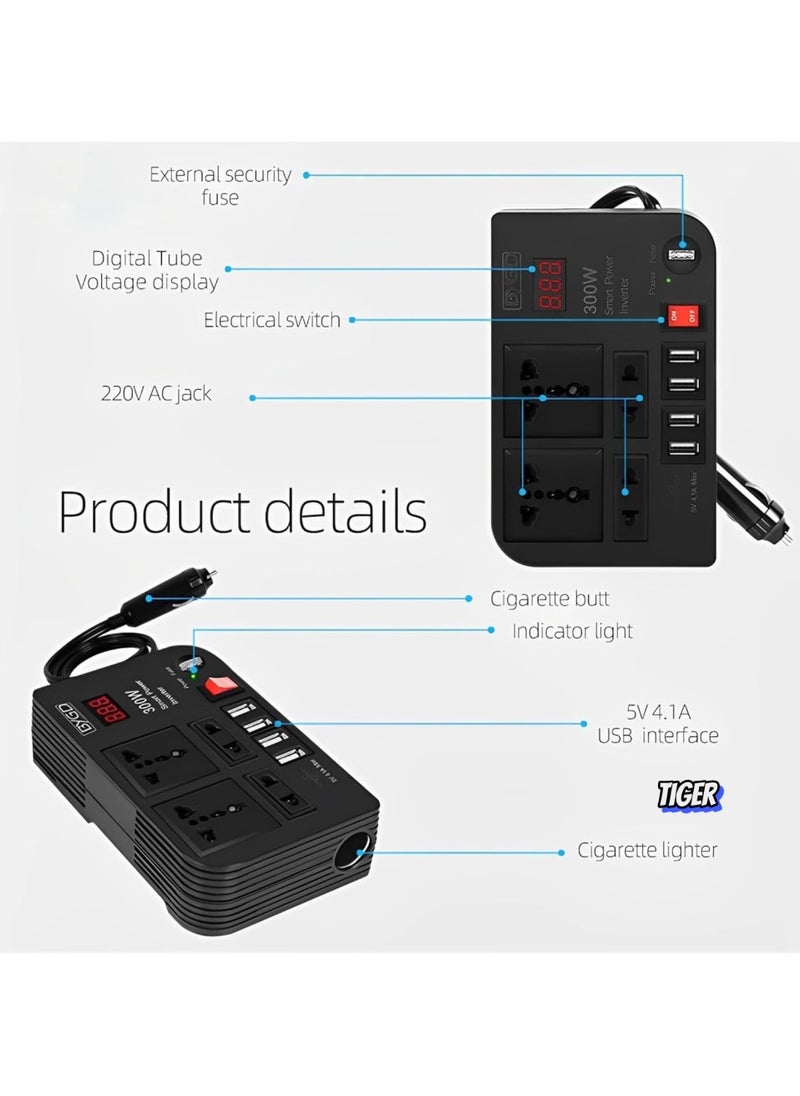 TIGER 300W Car Power Inverter – DC 12V to 220V AC Converter with LED Display, 4 USB Ports, 4 Charger Outlets, Pure Sine Wave – Portable Car Charger for Cars, RVs, and Travel  - Image 2