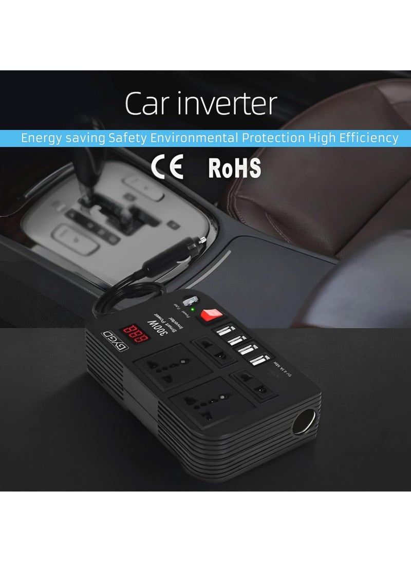 TIGER 300W Car Power Inverter – DC 12V to 220V AC Converter with LED Display, 4 USB Ports, 4 Charger Outlets, Pure Sine Wave – Portable Car Charger for Cars, RVs, and Travel  - Image 3