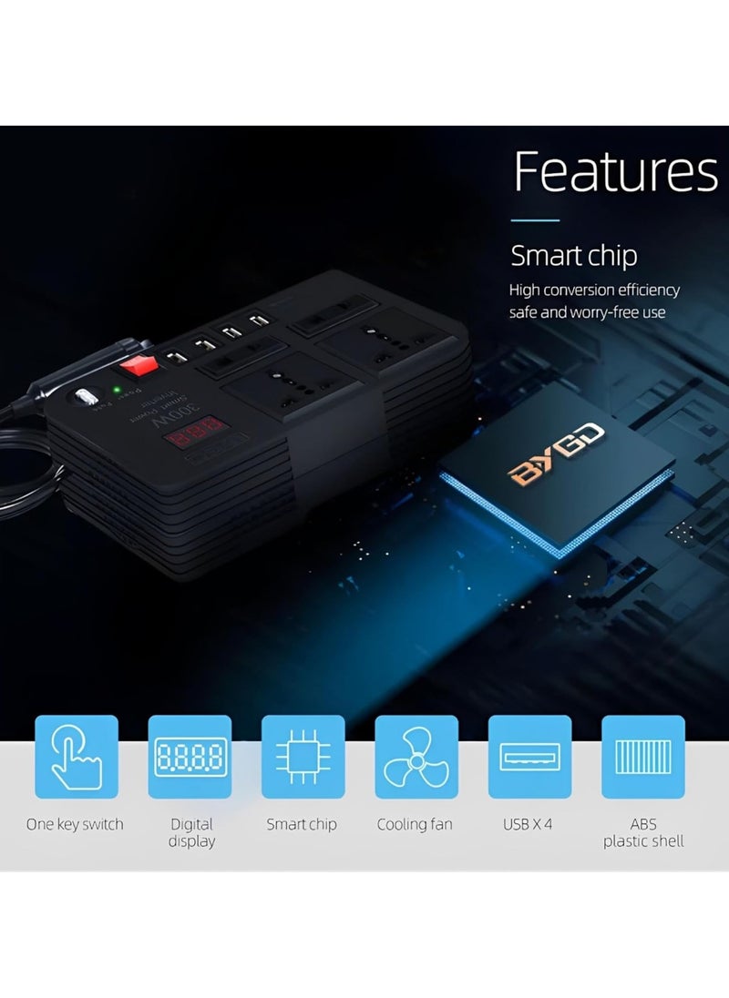 TIGER 300W Car Power Inverter – DC 12V to 220V AC Converter with LED Display, 4 USB Ports, 4 Charger Outlets, Pure Sine Wave – Portable Car Charger for Cars, RVs, and Travel  - Image 4