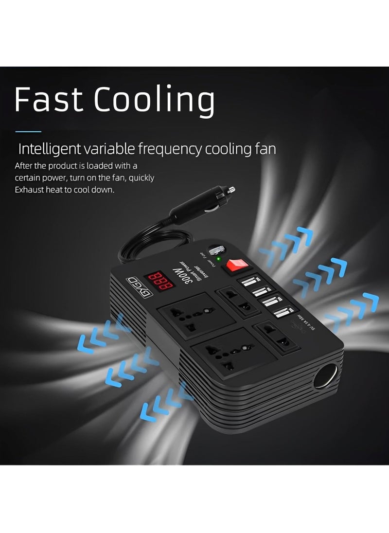 TIGER 300W Car Power Inverter – DC 12V to 220V AC Converter with LED Display, 4 USB Ports, 4 Charger Outlets, Pure Sine Wave – Portable Car Charger for Cars, RVs, and Travel  - Image 5
