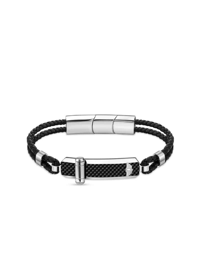 POLICE Hinged Black Leather with Carbon Fiber Inlay Bracelet for Men L Size