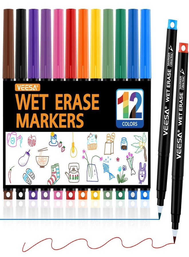 VEESA Magnetic Wet Erase Markers, Ultra Fine Tip (0.7mm), Low Odor, 12 Assorted Colors for Whiteboard, Office, Home & Classroom Supplies - Image 1